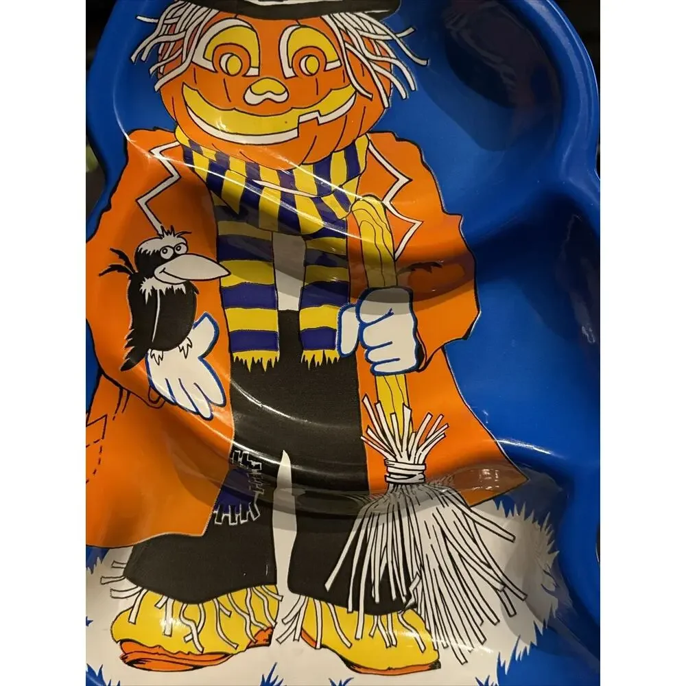 HALLOWEEN VTG Scarecrow‎ Divided Tray Platter Pumpkin Head Crow Party Decoration